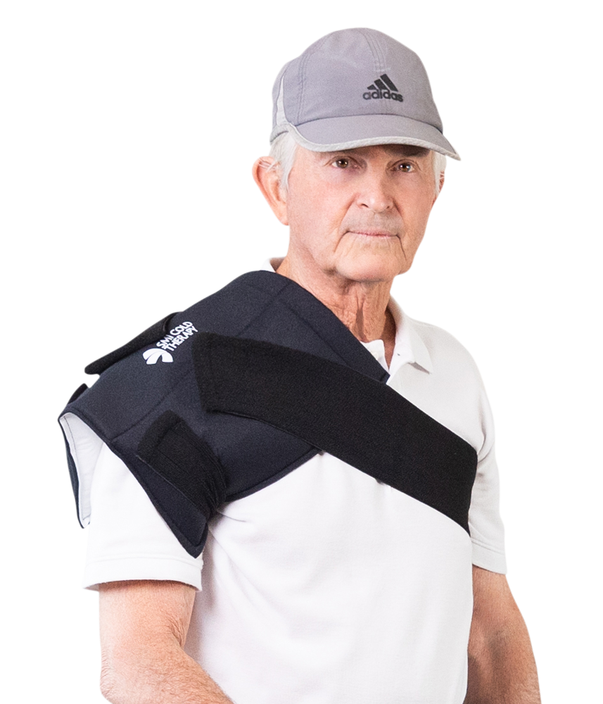 Man Wearing an SMI Cold Therapy Compression Shoulder Wrap